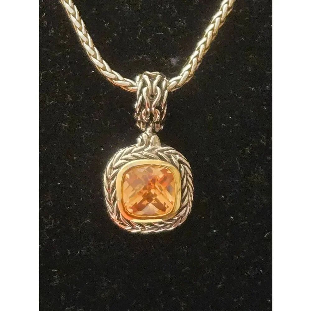 Women's Amber Crystal CZ Silver Tone Pendant And Necklace